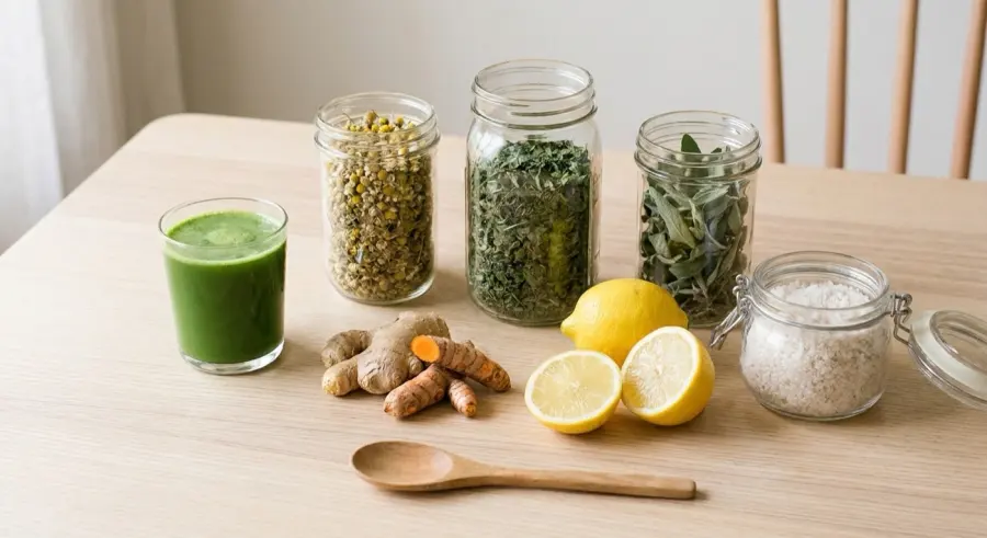 Suco verde de couve, maçã, limão, gengibre e hortelã